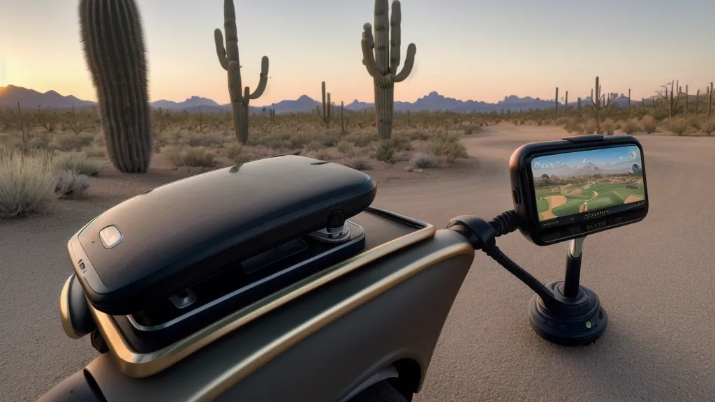 Close-up of a GPS phone mount on an electric golf cart handle.