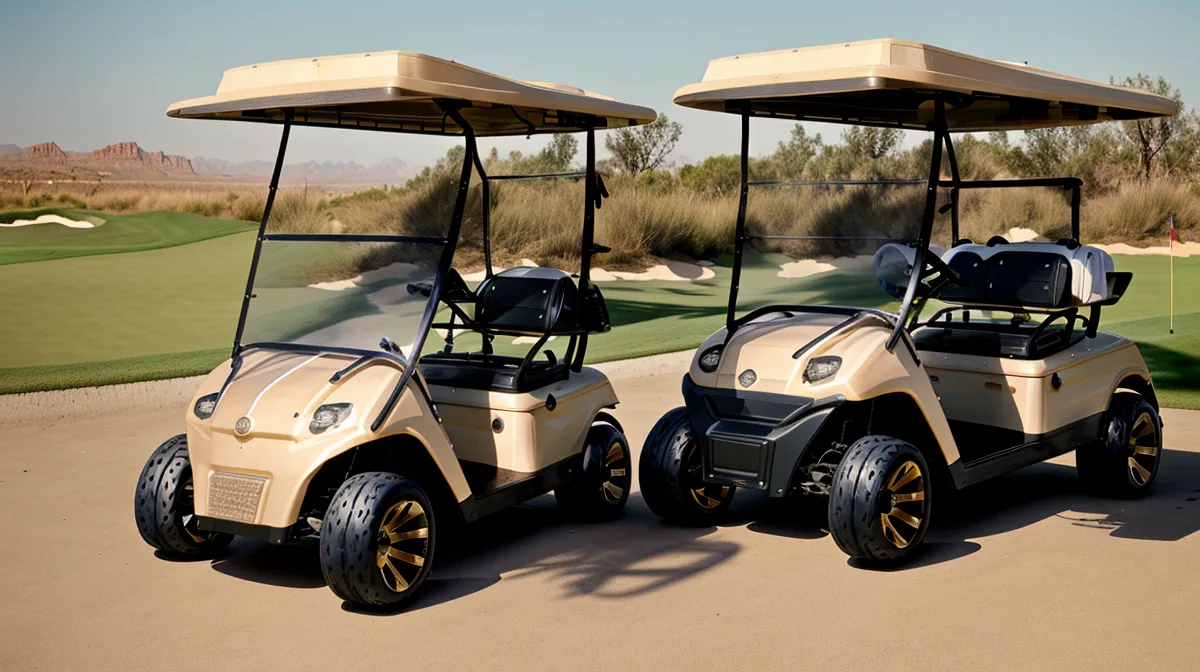 Alphard motorized golf cart braced on a hilly fairway climb, set up for cart stability on slopes