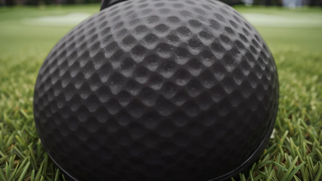 Close-up of a matte black driver head on green turf.