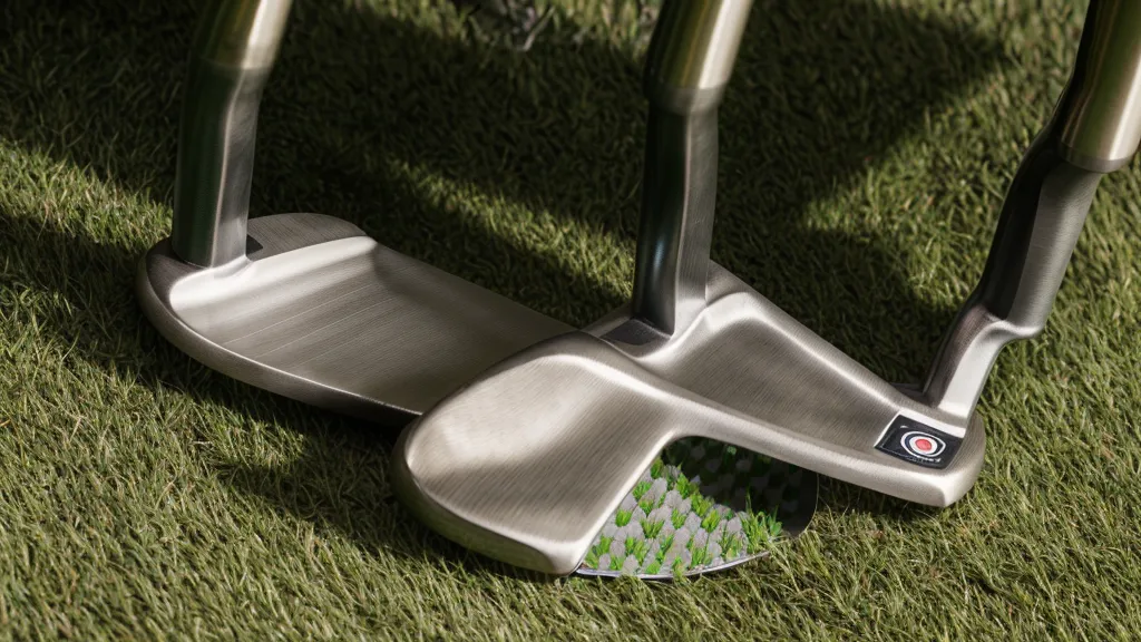 Milled metal putter head on a putting green.