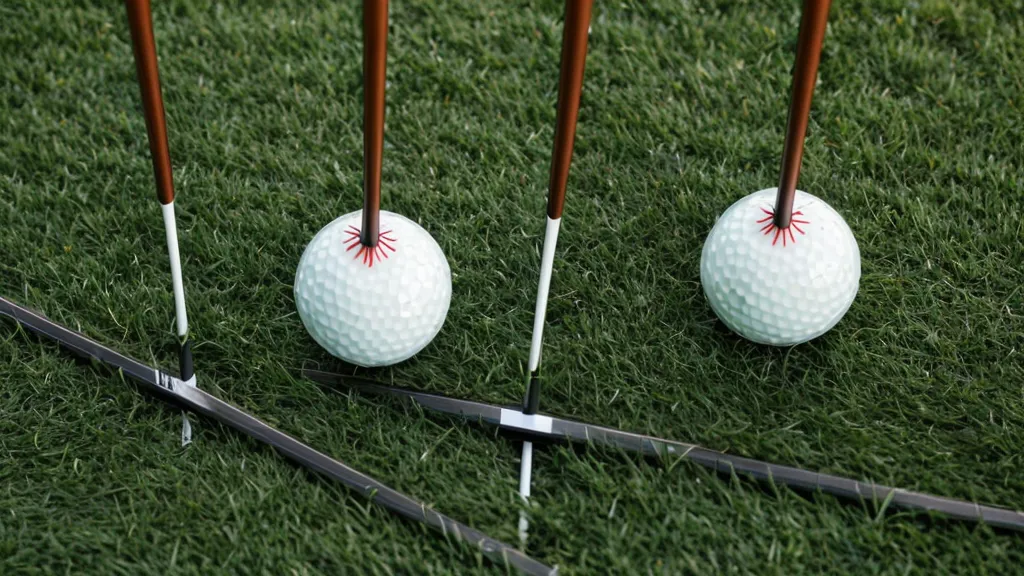 Two parallel solid alignment sticks laid on the range grass beside a golf ball for a putting-gate drill