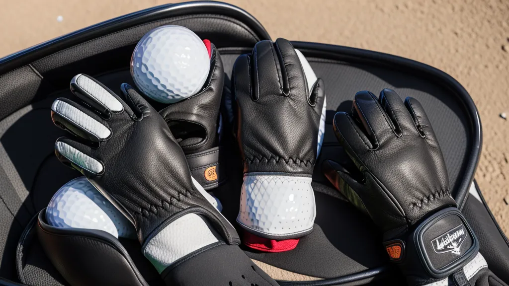 Three golf gloves hanging to dry on a push cart