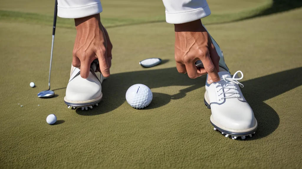 Pulling a flattened, worn-out factory insole out of a golf shoe before a knee-pain-relief insole swap