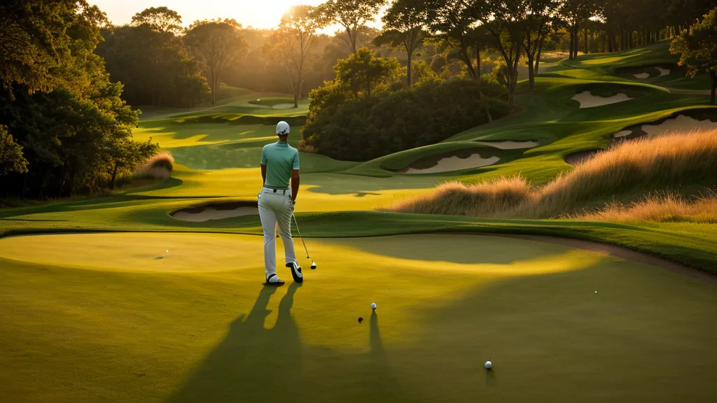 A walking golfer descending a downhill lie, testing foot stability against knee pain