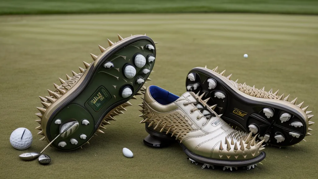 Golfer perspective of structured spiked shoes on a green fairway slope