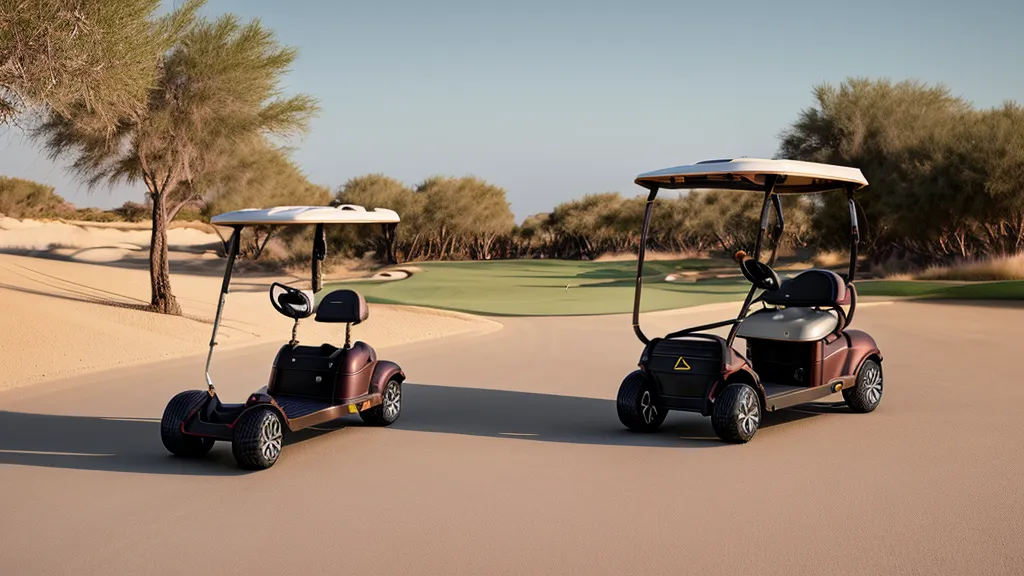 Electric golf push cart on a desert course path with a walking golfer nearby