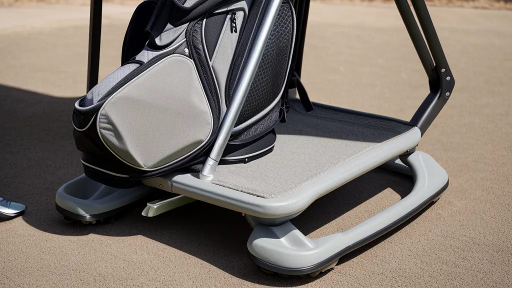 Close-up of a golf bag base showing the recessed stand mechanism for cart stability.