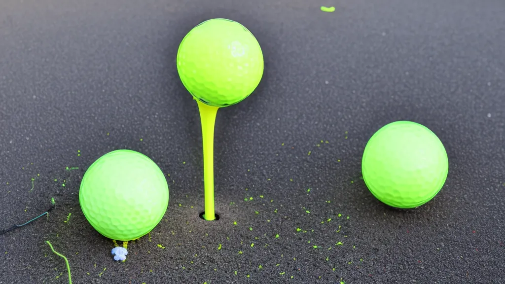 Neon yellow golf ball on a rocky desert fairway in bright sunlight
