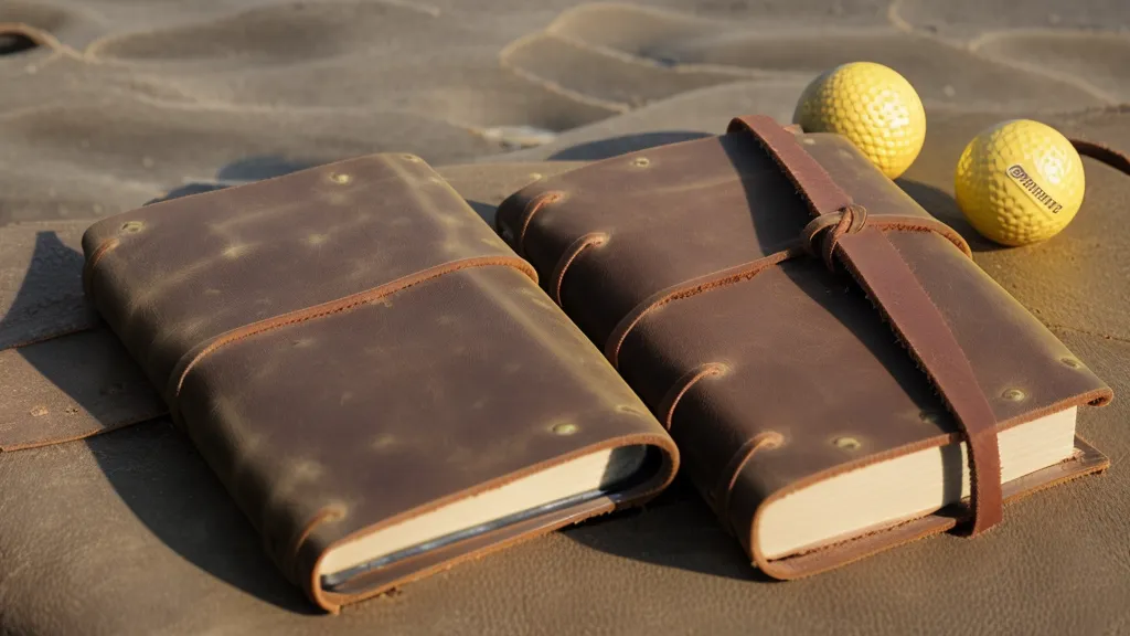 Handwritten golf notebook and yellow golf balls on a wooden bench