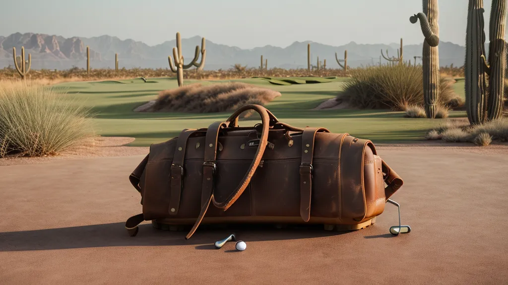 Golf push cart on a desert path surrounded by saguaro cacti