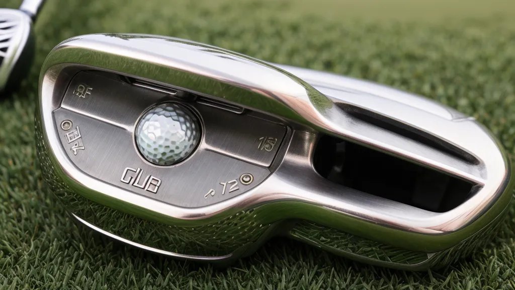Close-up of a hybrid golf club sole with Baffler rails on the grass