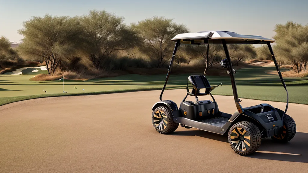 An electric golf push cart walking the fairway of a desert course