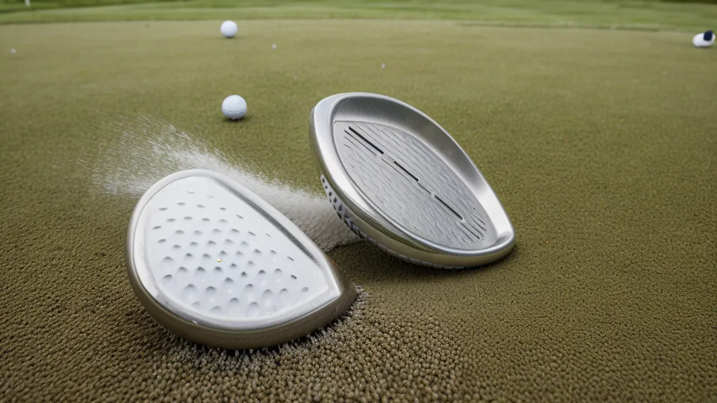Waffle-weave magnetic golf towel scrubbing caliche dust off a sand wedge face
