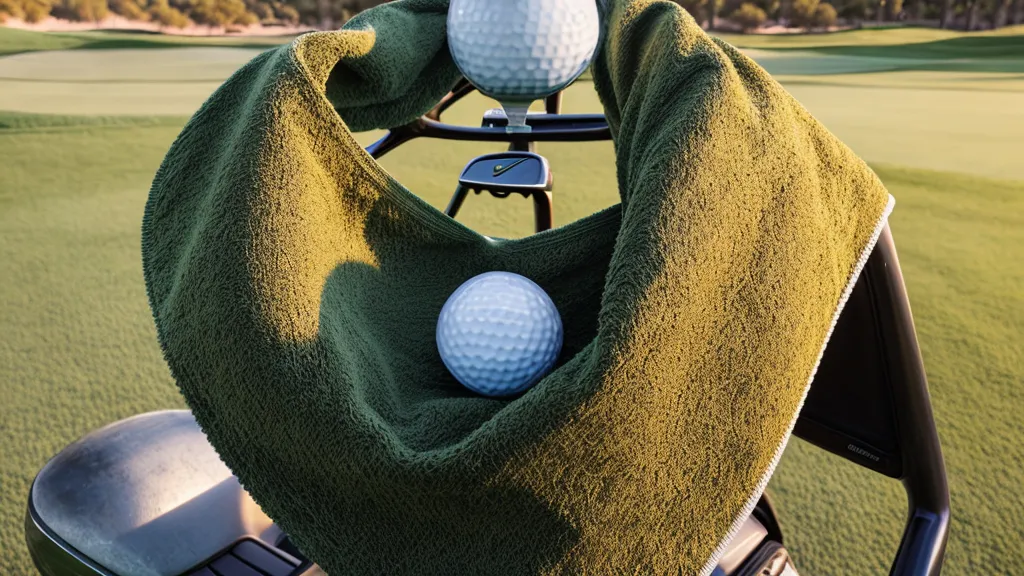 Magnetic golf towel clipped to an electric push cart frame on a desert course