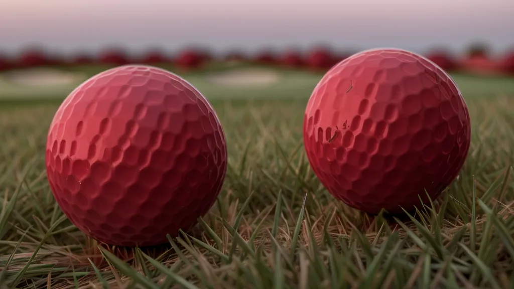 Red matte golf ball resting in brown dormant desert grass.