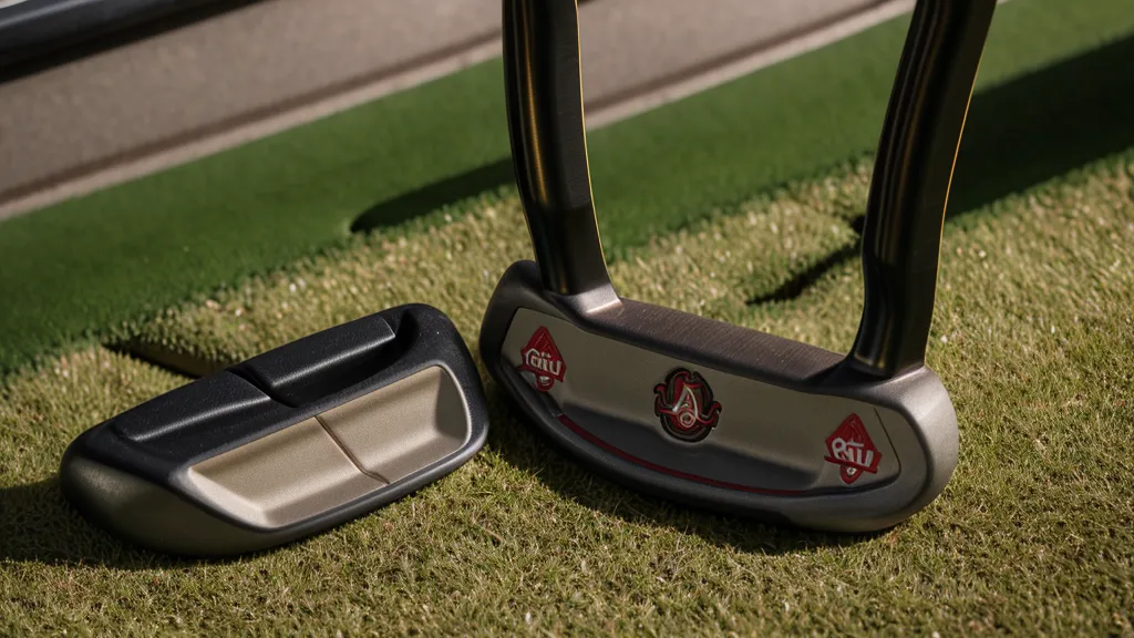 Close-up of an oversized putter grip on a milled stainless steel putter