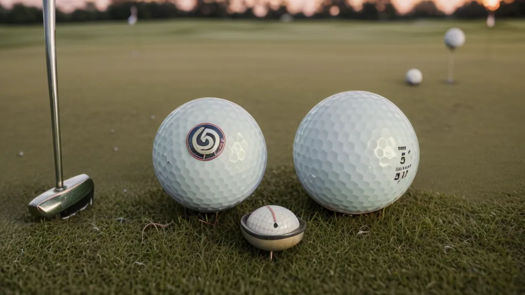 A Titleist golf ball on a green next to a FootJoy spiked shoe