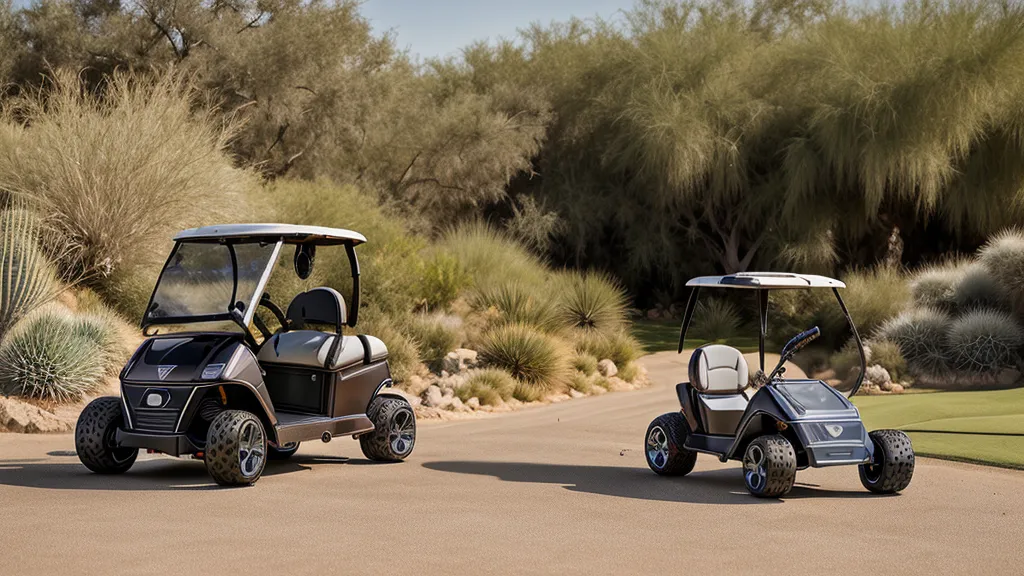 An electric golf push cart navigating a desert course path.