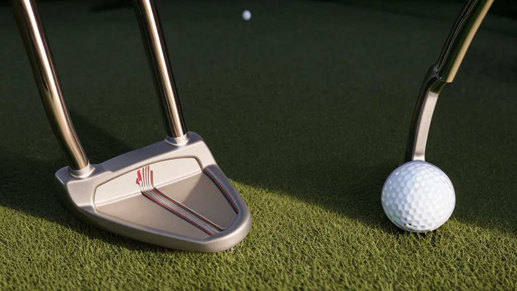 Close-up of a milled steel putter making contact with a golf ball.