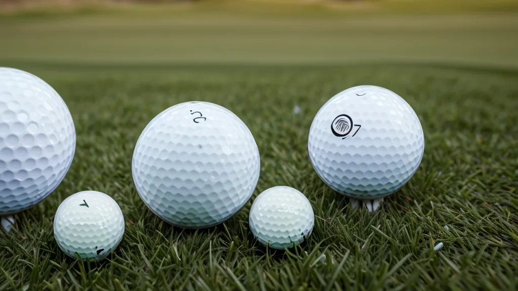 Macro view of a scuffed golf ball sitting in the fairway grass.