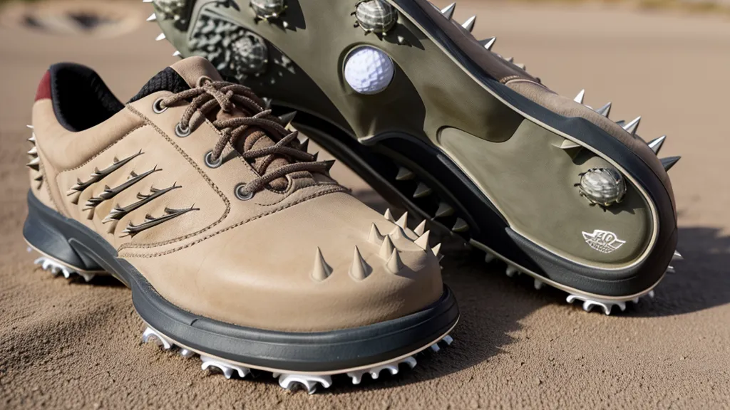 Close-up of a spiked golf shoe sole on cracked desert ground.