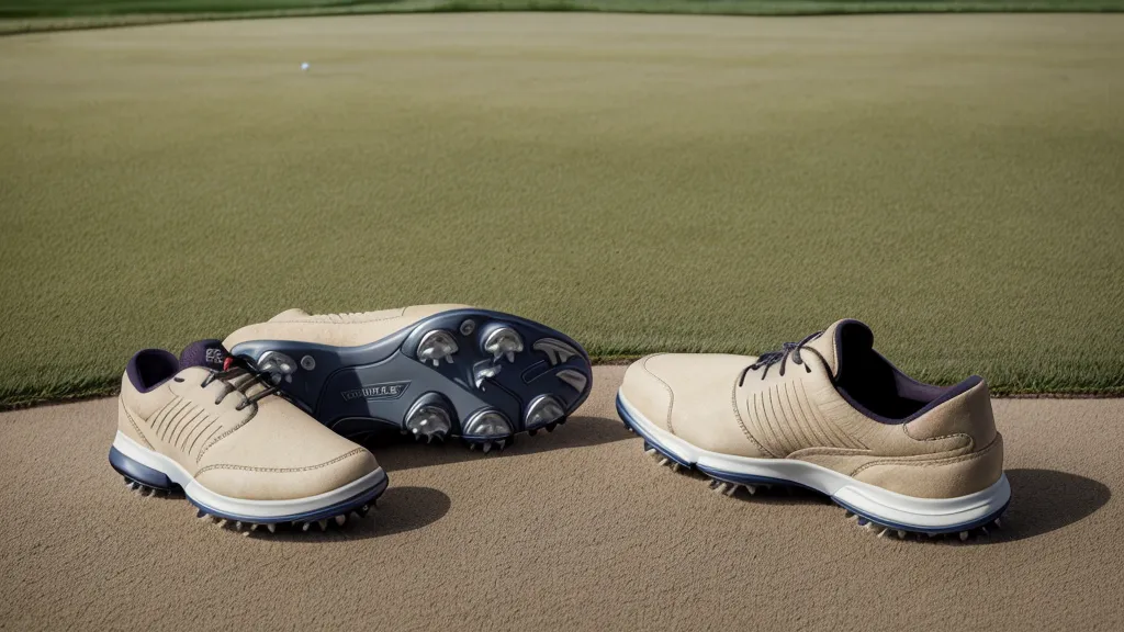 Close-up of spikeless golf shoe tread on dry desert grass