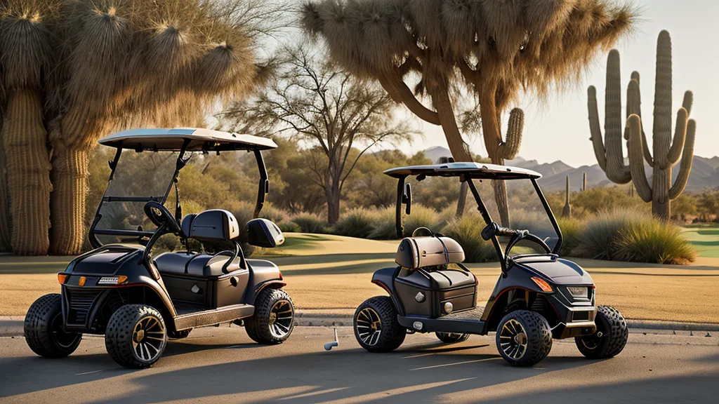 Electric golf push cart on a sunny desert fairway in Scottsdale