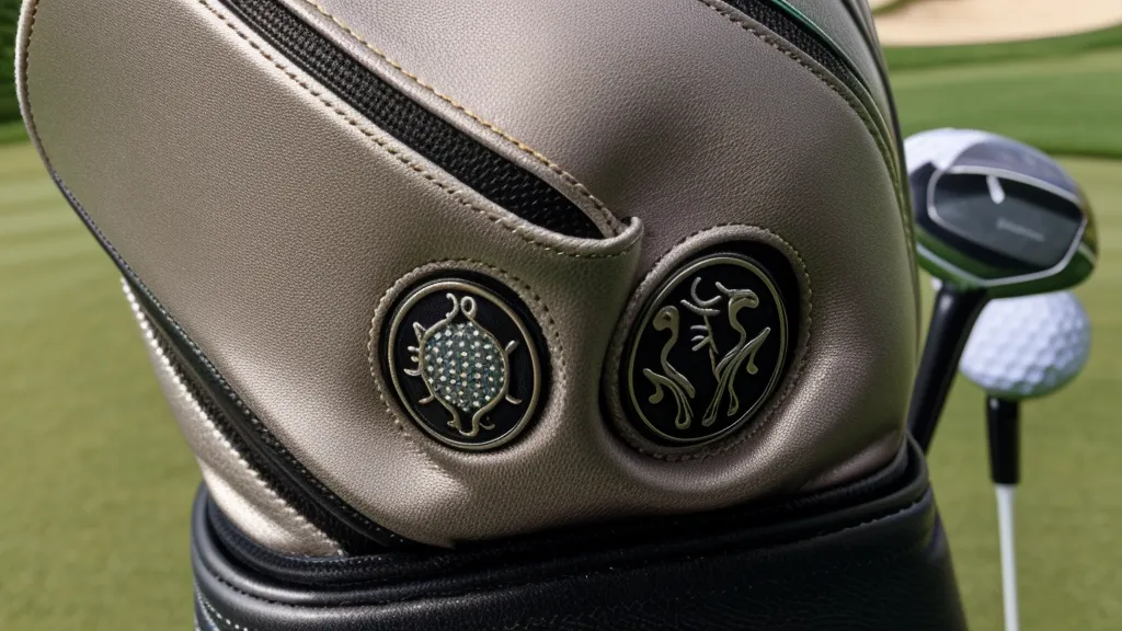 Close-up of dense embroidery stitching and a hidden magnetic closure on a SWAG Golf putter headcover