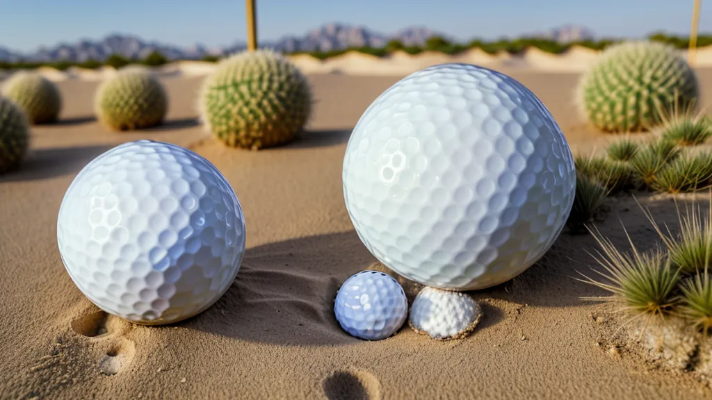 Golf ball resting on a desert path near a cactus.