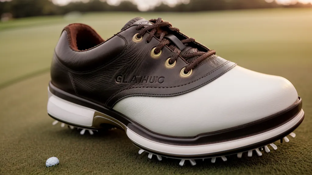 Close-up of water beading on a waterproof leather golf shoe in wet grass.