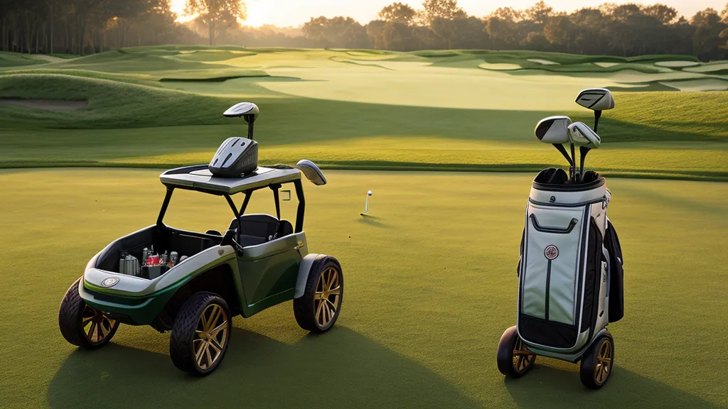 An electric golf push cart navigating a damp green fairway during a morning round.