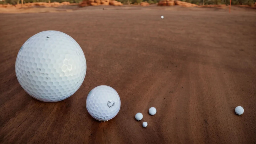 A golf ball teed up at Troon North with desert landscape and cacti in the background.