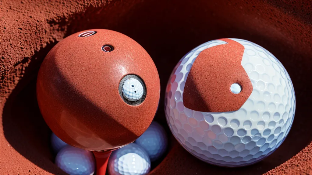 Close-up of a golf ball on desert sand and rocks.