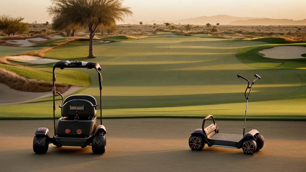 Electric push cart with Alphard booster on a Scottsdale golf course path.