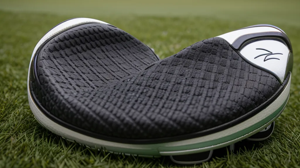 Close-up of FootJoy Pro/SLX shoe sole traction pattern on damp green grass