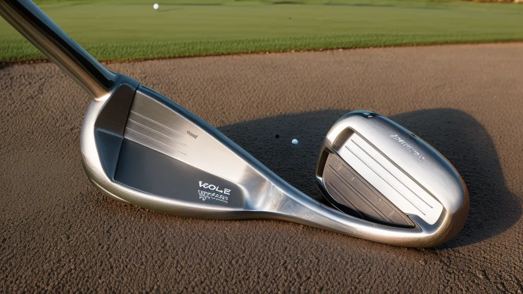 Close-up of a golf wedge sole resting on cracked, dry desert hardpan ground.