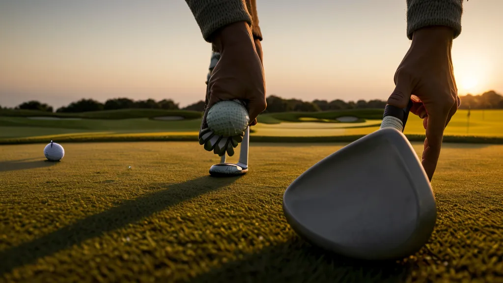 A golfer's hands positioning a wedge for a steep shot on a firm fairway lie.