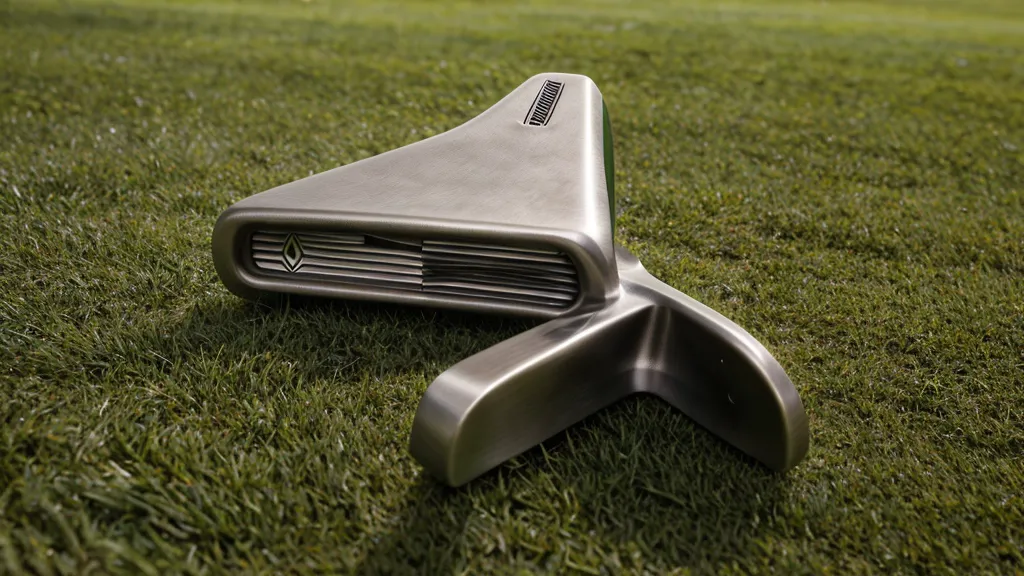 Close-up of a milled 303 stainless steel mallet putter on a green.