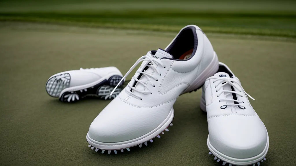 Premium waterproof golf shoes on a dewy fairway in the morning.