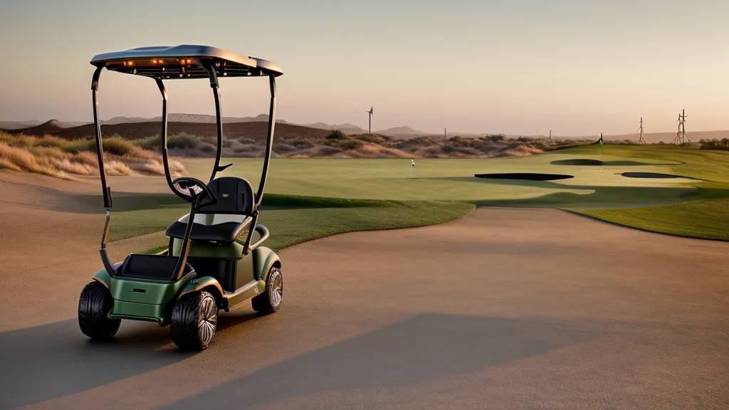 Electric golf push cart on a dusty path at a desert golf course