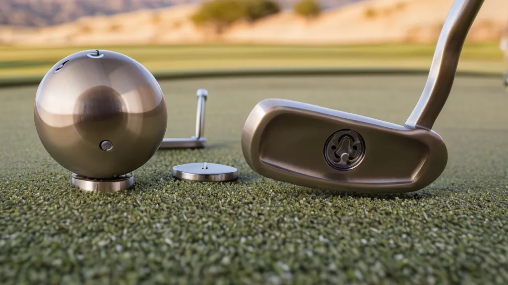 Milled stainless steel putter lined up behind a golf ball during a putting feel comparison