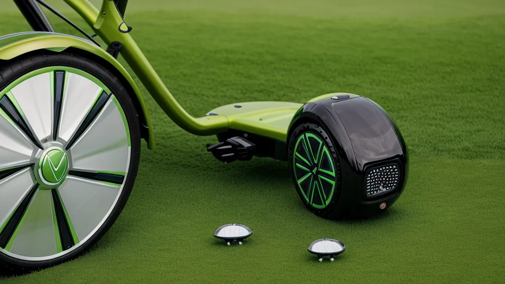 Close-up of a motorized electric golf caddy attachment on green grass